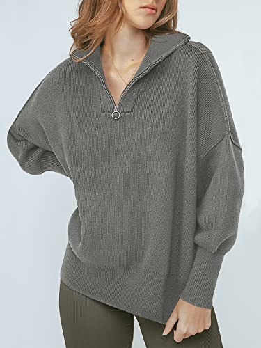 Image of ANRABESS Womens Oversized Quarter Zip Pullover Sweaters | Fall Fashion Outfits, Long Sleeve Slit Side, Baggy Loose Fit, 1 /4 Zip Lapel Collared, Ribbed Knit Soft Warm Winter Clothing