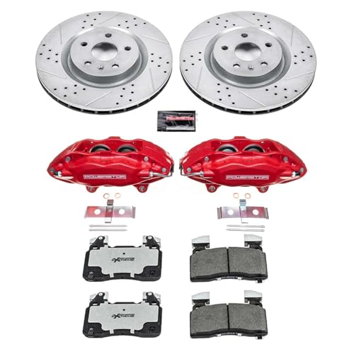 Image of PowerStop Rear Brake & Caliper Kit for Dodge Charger 2006-14 | Dodge Magnum 2006-08 - Carbon-Fiber Ceramic Brake Pads + Drilled & Slotted Rotors + Red Powder Coated Calipers, KC5486