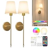 Brightown Battery Operated Wall Sconces Set of 2, Cordless Wall Lights with Rechargeable Bulbs and Remote, 12 Lighting Colors and Dimmable, Battery Powered Wall Lights for Bedroom Living Room, Gold