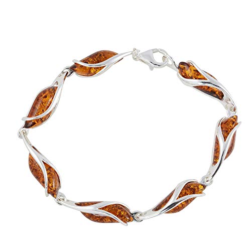 HolidayGiftShops Sterling Silver Honey Baltic Amber Bracelet Elena, Genuine Baltic Amber Bracelet for Women, Amber Jewelry for Women, Amber Bracelets for Adults, Sterling Silver Collection