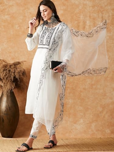 Image of SheWill Women's Floral Yoke Embroidered Thread Work Straight Kurta with Trouser & Dupatta| Kurta Set for Women| Kurta Set for Women with Dupatta| Kurti Set for Women| Kurta Plazo Set with Dupatta