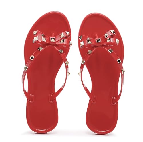 Image of Studded Jelly Shoes for Womens Bow Flip Flops Jellies Sandals Flat Black Summer Beach Thong with Rivets Strappy Slides Slip On