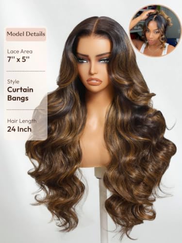 Image of Beauty Forever Bye Bye Knots Balayage Brown Highlight Body Wave Glueless Wig Human Hair Pre Plucked Pre Cut 7x5 Lace Closure Wear and Go Drawstring Wig 150% Density 16 Inch