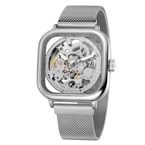 Image of Luxury Automatic Mechanical Watch, Square Skeleton Dial, Stainless Steel Mesh Band, Self-Winding Movement, Classic