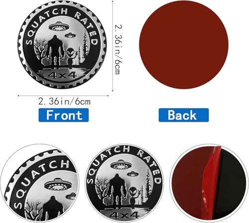 Image of 2Pcs Squatch Aliens Badge Rated Car Emblem, 3D Metal Car Badges 4 x 4 Metal Automotive Bigfoot Badge Emblems Round Emblem Decals Car Badge Decals Stickers Compatible for Jeep Wrangler Vehicles SUV