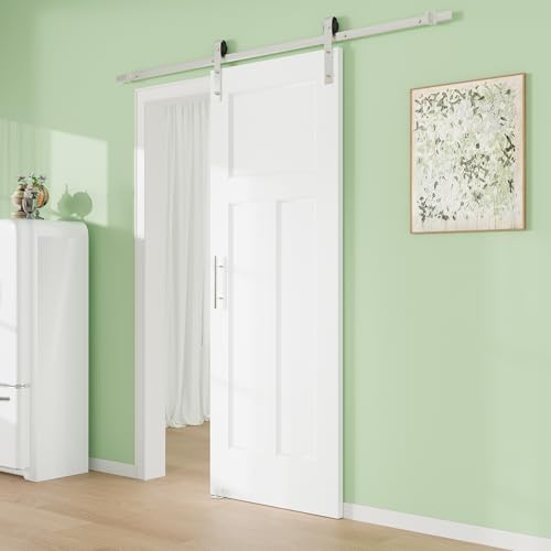 Image of 36 inch x 80 inch Presembled 3-Raised Molded Panel Barn Door with 72 inch Track Kit, Solid MDF Sliding Barn Door for Closet Kitchen Bedroom Pantry, Excellent Sound & Thermal Insulation, Nickel-Plated Hardware Kit