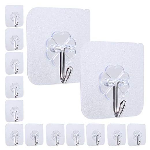 XYGK 14 Paquetes de ganchos autoadhesivos, Ganchos impermeables de cargo pesado, 22lbs/10kg (máximo), Ganchos fuertes transparentes sin costura por Cuarto de baño, cocina & sala