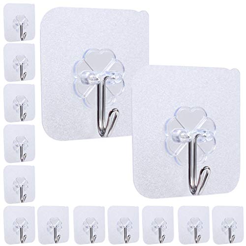XYGK 14 Paquetes de ganchos autoadhesivos, Ganchos impermeables de cargo pesado, 22lbs/10kg (máximo), Ganchos fuertes transparentes sin costura por Cuarto de baño, cocina & sala
