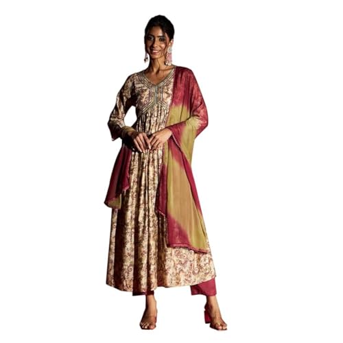 Image of Naixa Women's Viscose Rayon Embroidered and Printed Flared Kurta with Pant and Dupatta Sets (NK-410)