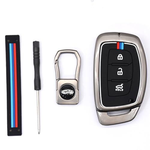 Image of KMH Metal Shell Soft Silicone Key Cover Compatible with Hyundai Creta, Grand i10, i20, NIOS Asta, Venue, Aura, Elantra Smart keycover with Keychain 3 Button Key Shell Case Holder Protector (Metallic)