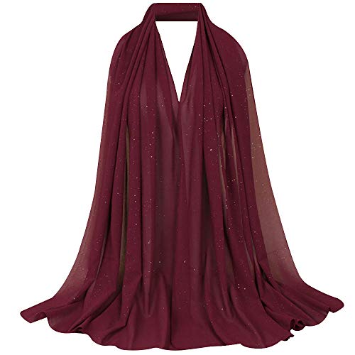 Editha Women Glitter Sequins Solid Chiffon Muslim Headscarf Turban Lightweight Breathable Jersey Hijab Scarf Shawl Wrap 2985 Wine red
