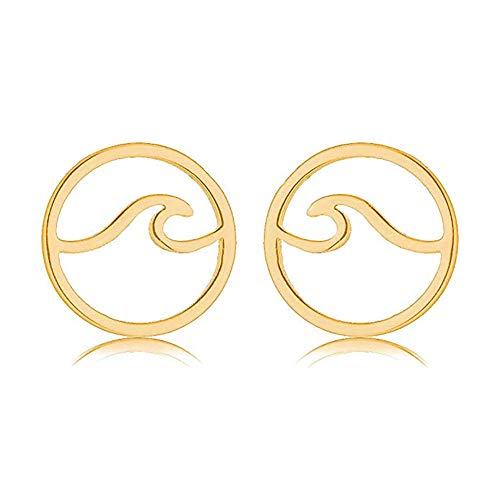 Wave Earrings for Women,Stainless Steel Round Sea Ocean Wave Stud Earrings Beach Summer Jewelry (Gold)