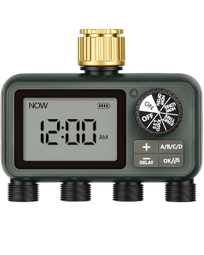 Image of 4-Zone Automatic Water Timer, 4 Plastic Outlets, Garden Hose Faucet Timer with Auto /Manual /Rain Delay Watering, for Garden, Yard, Lawn, Dark Green F14WT06