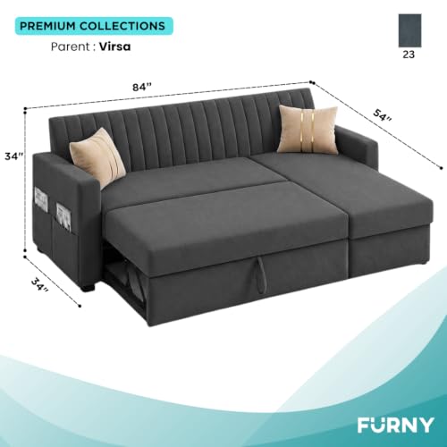 Image of CASASTYLE Kyagar 4 Seater RHS L Shape Sofa with Pull Out Bed & Storage Lounger | Premium Soft Velvet Suede Fabric | Comfort Cushions | Ideal for Living Room, Hotel & Office (Dark Grey)