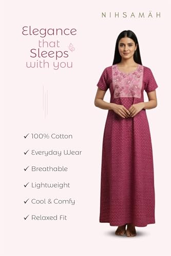 Image of NIHSAMAH Cotton Nighty for Women - Printed Stylish Night Gown, Comfortable Sleepwear Long Nightwear, Maxi