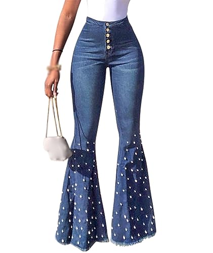 Sexyshine Women's Bell Bottom Jeans High Waisted Classic Retro Ripped Hole Denim Long Wide-Leg Flare Pants
