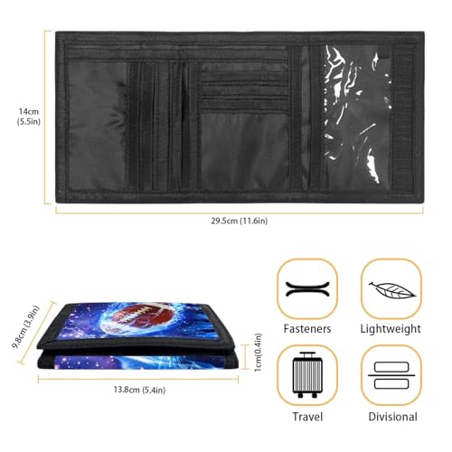 Blue Fire 3D Rugby Ball Print Kids Wallet for Boys Girls Teens Trifold Canvas Wallet for Men Moneybag With Coin Pocket And Id Window, Portable Sport Card Holder Pocket for Male3