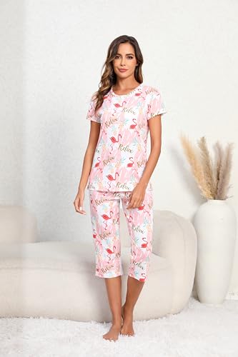 Image of PNAEONG Women Pajama Set Sleepwear Tops with Capri Pants Casual and Fun Prints Pajama Sets