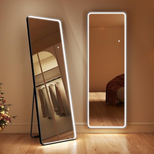 S'bagno Specchio da Parete Lungo con Luci 160x50 cm, Telaio in Ferro, LED Specchio da Terra 3000-6500K & Memoria, Vetro Rinforzato, Specchio Lungo da Parete per Spogliatoi e Camere da Letto, Nero
