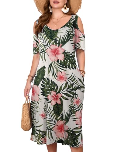 Image of LARACE Plus Size Women Dress for Summer, Midi Women's Sundress, Casual V-Neck Short Sleeve Flowy T-Shirt Dresses with Pockets