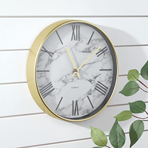 Mdesign Modern Stylish Wall Clock For The Office, Bedroom, Kitchen, Bathroom, 11.5 Inch Diameter - Large Black Numbers On A Marble Background With A Clear Glass Cover - Gold Frame And Hands #TOP1