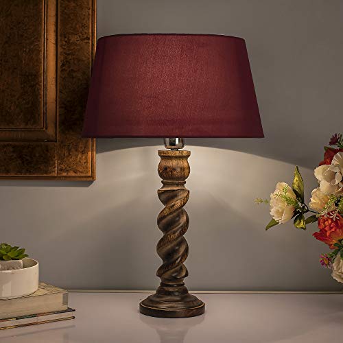 Image of Homesake Classic Twister Wooden Table Lamp with Fabric Shade | Handcrafted Bedside Lamp with E27 Holder| Bulb Included |Warm Light Night Lamp for Bedroom, Living Room, Study & Home Decor, Red