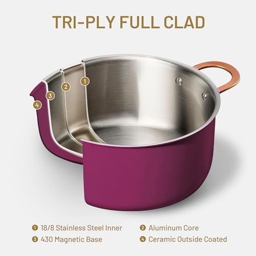Image of CAROTE 8QT Full Clad Tri Ply Stainless Steel Stock Pot with Lid, Kitchen Stockpot Soup Pot, Outer Ceramic Layer, Even Heating, All Stoves Compatible, Oven & Dishwasher Safe, Stay Cool Handle, Purple