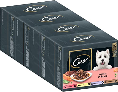 Cesar Cibo per cani per adulti in salsa, 48 sacchetti per porzioni, 12 x 100 g (confezione da 4) – cibo equilibrato per cani bagnato, a scelta con manzo, pollo, agnello e tacchino