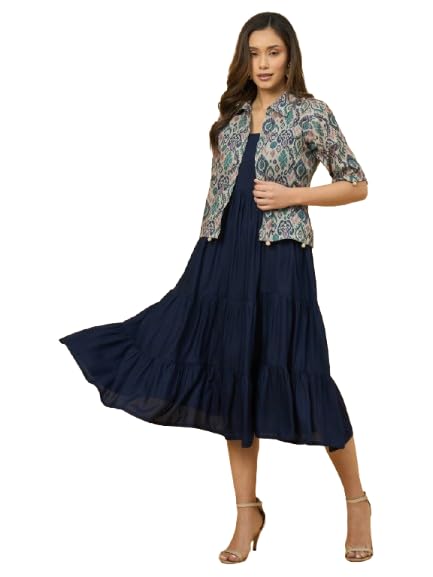 Image of Azira Women Rayon Solid Fit & Flared Dress with Printed Jacket | Perfect for Casual outings, Parties Rayon Fabric|