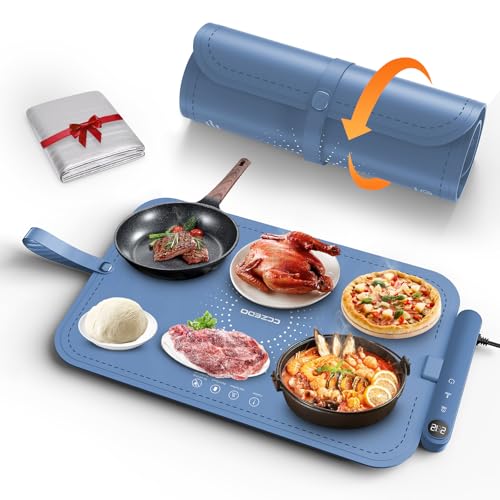 CCZedo Waterproof Warming Mat for Food,Upgraded Dishwasher-safe Food Warmer with Insulation Pad Defrosting Tray,6-Temp Control,Auto Shut-Off,Child Lock for Countertop,Parties,Buffets