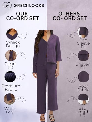 Image of GRECIILOOKS Co ord Set Women Stylish | Woman Dress | Summer Cord Sets for Women's | Trendy Casual Shirt and Pants | Pyjama Set's Solid & Beach, Resort Outfits Full Sleeve