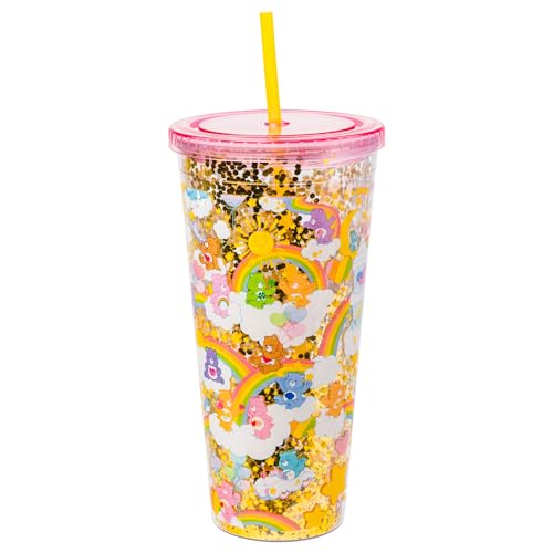 Image of Silver Buffalo Care Bears Rainbow Stars, Plastic Cold Cup, 32oz | Funshine, Grumpy, Good Luck, Bedtime, Cheer and Tenderheart, Confetti, Lid and Straw, 0.95 Liters