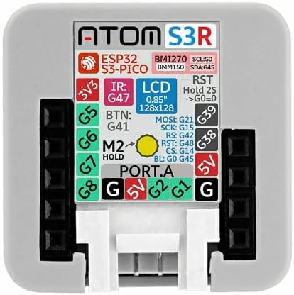 Жогорудан төмөн view of M5Stack ATOMS3R pinout with labels for GPIO, power, and communication lines.