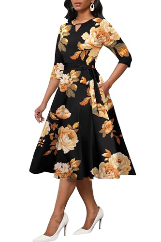 CLOCOR Women Midi Dress 3/4 Sleeve Floral A-line Swing Dress for Women Crewneck Casual Church Dresses with Pockets Black Gold XL