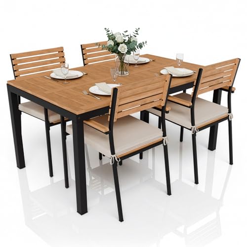 Juskys® Akazienholz Gartengarnitur Rhodos - Tisch, 4 Stühle & Auflagen - Holz Gartenmöbel Set 5-teilig - Balkonmöbel -Outdoor Möbel Natur & Schwarz