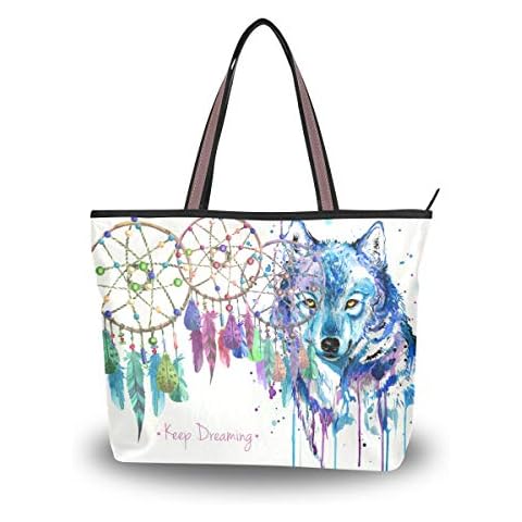 JUMPBEAR Canvas Tote Bag Women Handbag Watercolor Wolf Ethnic Dream Catcher Ladies Shopping Shoulder Bag,L Cover