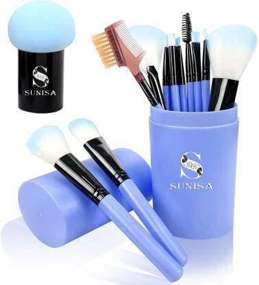 SUNISA Blue Soft Synthetic Bristle Light Weight Multipurpose Makeup Brushes Set of 12 and 1 Blue Mushroom Head Beauty Blender - (Pack of 13)-image-45