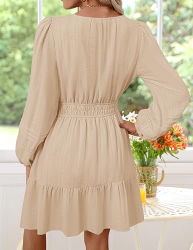 ZESICA Fall Long Sleeve Mini Dresses for Women 2025 Lightweight V Neck High Waist A Line Flowy Swing Casual Party Dress3