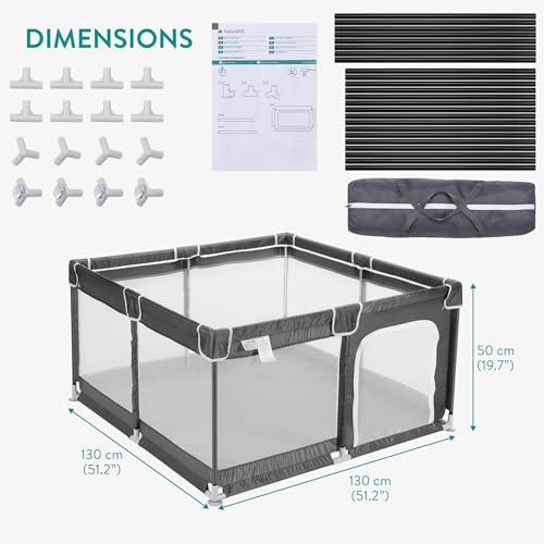 Image of Navaris Baby Large Playpen - 51.2 inch x 51.2 inch (130 x 130cm) Breathable Mesh Playground with Safety Gate - Indoors Outdoors Play Pen for Babies and Toddlers - Extra Large Play Area
