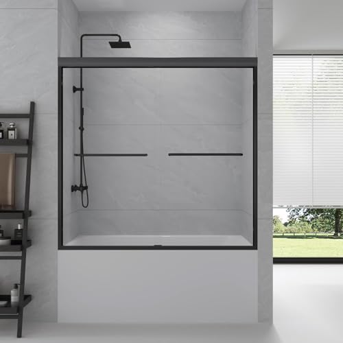 Bathtub Shower Door - 56-60' W×58' H Semi-Frameless Double Sliding Design Shower Tub Door 1/4' Clear Glass Panel(‎Black, 60X58IN)