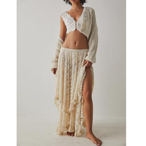 Women Lace Long Skirt High Waist Ruffle Irregular Hem Layered Skirt Solid Sheer Y2k Summer Outfit4