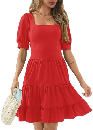 Image of Women's Square Neck A-Line Summer Dress Puff Sleeve Flared Swing High Waist Smocked Flowy Midi Casual Dress for Office /Party Red