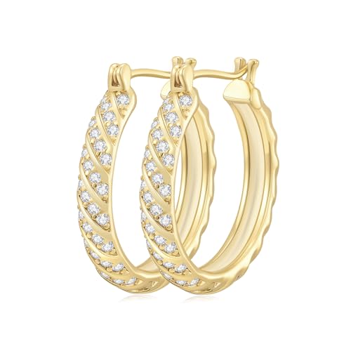 14K Gold Hoop Earrings for Women 14K Gold Earrings Jewelry Spiral Cubic Zirconia Thick Hoops Hypoallergenic Womens Huggie Earring 25/30MM
