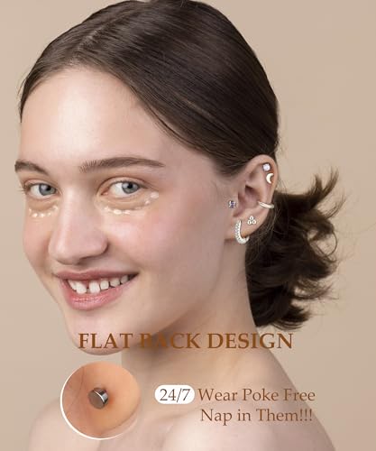 WAINIS 16 Pairs Surgical Steel Flat Back Earrings Gold Hoop Earrings Sets for Multiple Piercing Hypoallergenic 20G Gold Earring Studs for Women Cartilage Flatback Earrings Stacks Helix Piercing Jewelry4