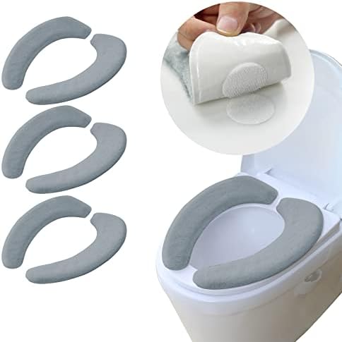 CIWEI Thick Toilet Seat Cover Pads - 3 Pairs Soft Non-Slip Plush Toilet Seat Cushion with 24 Pieces of Magic Tape Washable and Reusable Bathroom Comfortable Padded Keep Warm（Grey）