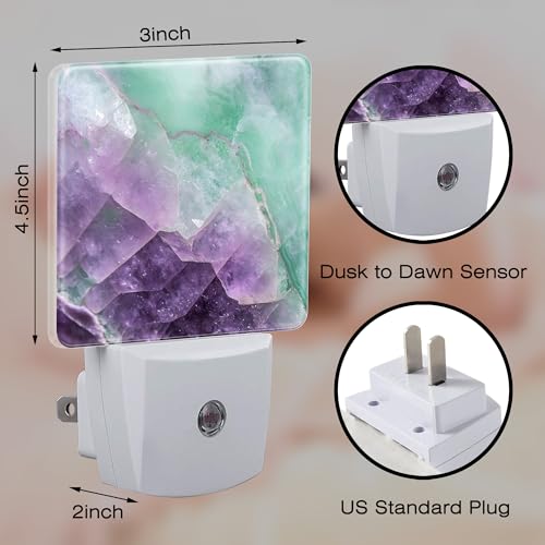Image of Purple Green Fluorite Marble Night Light, Luxury Rock Gemstone Dusk to Dawn Night Light Plug in, 0.5w Energy Saving Sleep Friendly NightLight for Kids Boys Girls Home Decor
