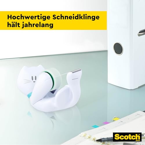 Scotch 3M Tischabroller inkl. 1 Rolle Klebeband - Katze Klebeband Abroller, auch für Kinder, weiß, 19 mm x 8,89 m