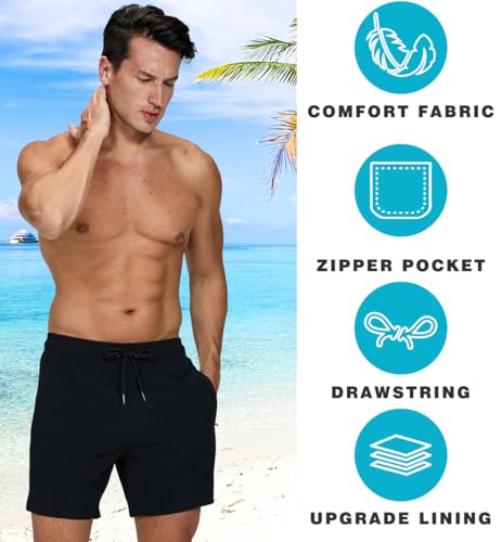 Image of Mens Swim Trunks Compression Liner No Mesh Swimming Trunks Men Swimwear Quick Dry Above Knee Zipper Pocket Swim Shorts