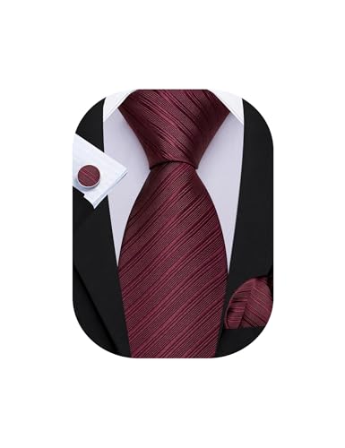 Image of Barry.Wang Solid Striped Tie for Men Silk Necktie Pocket Square Cufflinks Formal Wedding Party Business