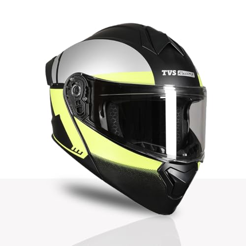 Image of TVS Racing SuperPose Smoked Dual Visor Flip Up Modular Helmet for Men and Women, ISI DOT Certified, ABS Shell, Quick Release Visor, Lightweight, Ventilated, Open Face to Full Face